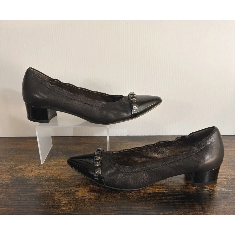 AGL Leather Pumps Womens Sz 6 Black‎ Low Heel Metal Accent Classic